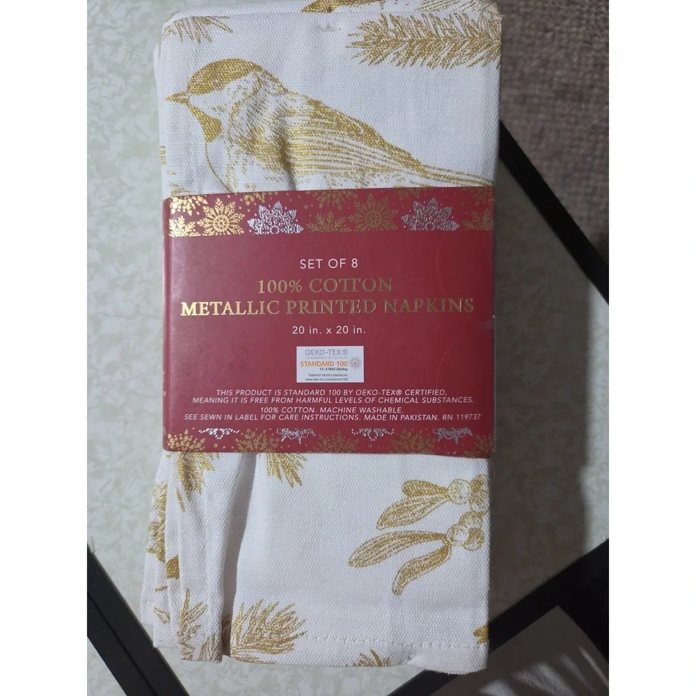 ENVOGUE HOLIDAY COLLECTION 4 NAPKINS METALLIC PRINTED GOLD  18 x 18 COTTON NEW